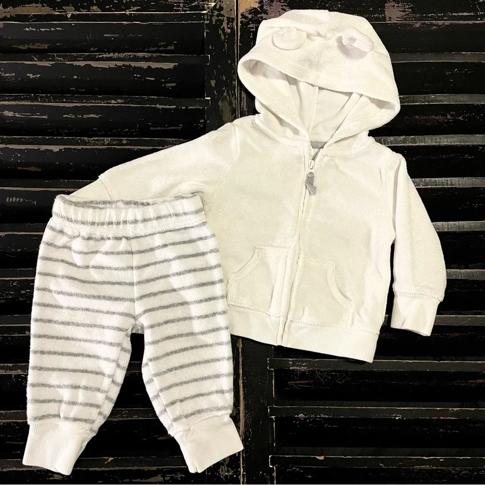 CARTER’S Terry Cloth Teddy Bear Hoodie & Striped Pants 2-Piece Set